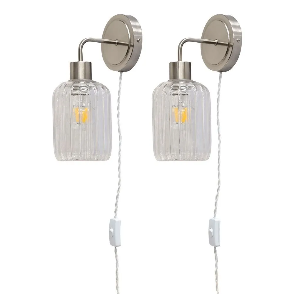 First Choice Lighting Set of 2 Toby - Satin Nickel Plug in Wall Lights Ribbed Glass Shades in Silver