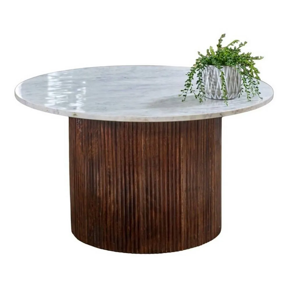 Indian Hub Opal Coffee Table with Marble Top & Mango Wood Base - L80xW80xH45cm in Brown