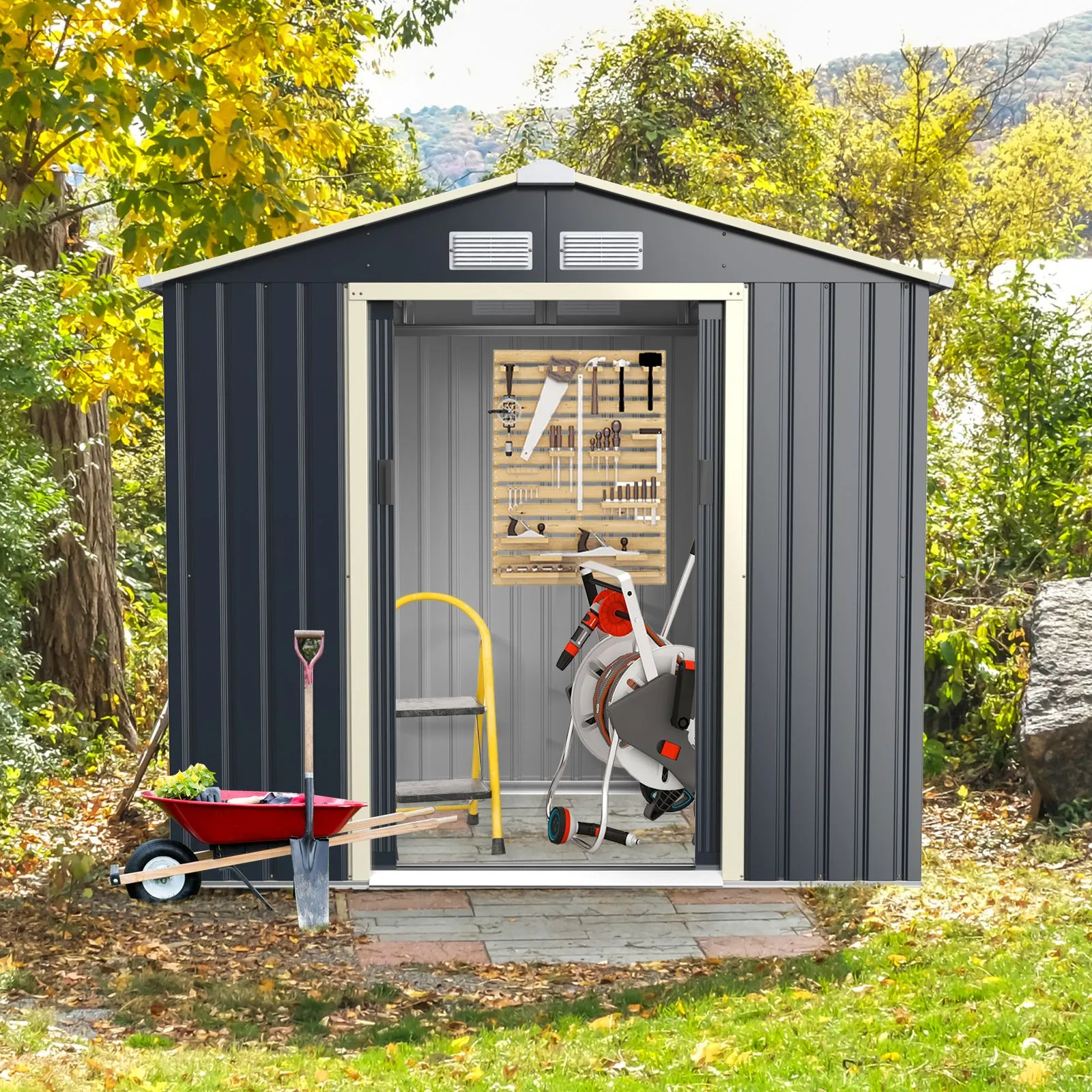 Costway 7 x 4FT Metal Garden Storage Shed Galvanized Tool Storage House w/ Lockable Doors in Grey 6
