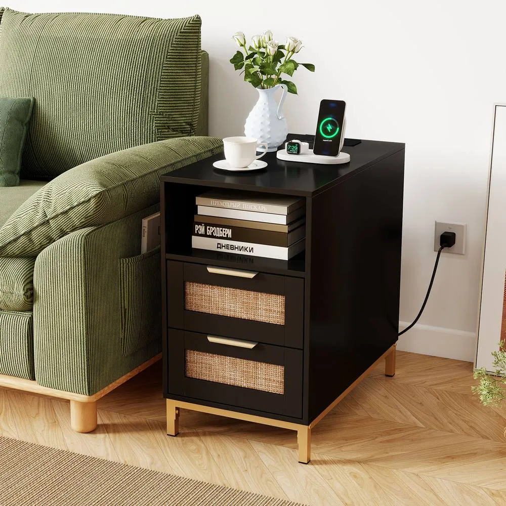 Costway Narrow End Table with Charging Station in Black 3
