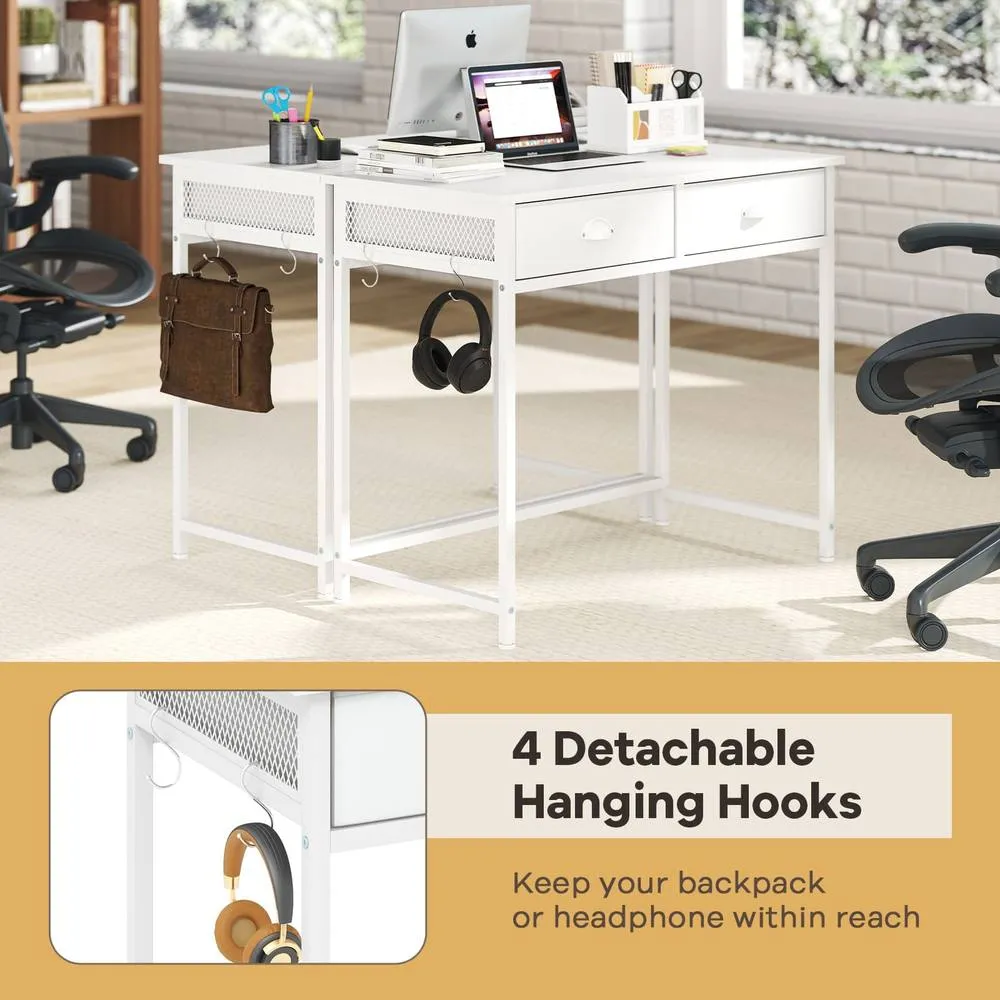 Costway Computer Desk Space Saving Home Office Desk w/2 Fabric Drawers-White in White 5