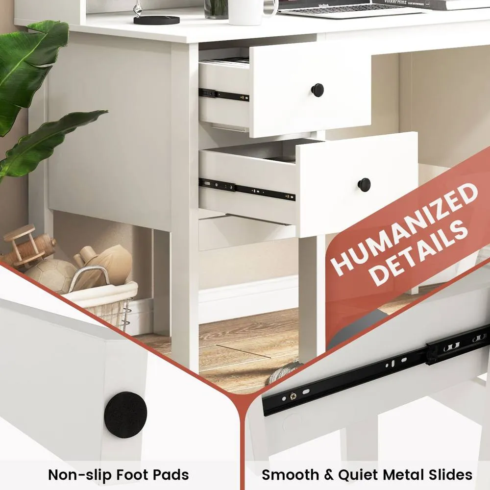 Costway Computer Desk 120 CM Writing Desk with Power Outlets & Drawers in White 6