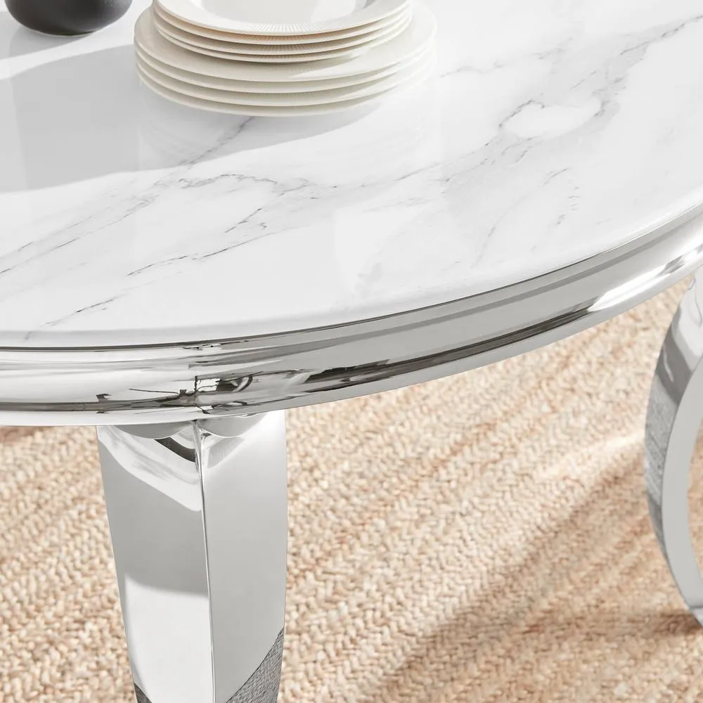 FurnitureboxUK Skye Round Marble Effect Dining Table & 6 Grey Belgravia Chairs 4