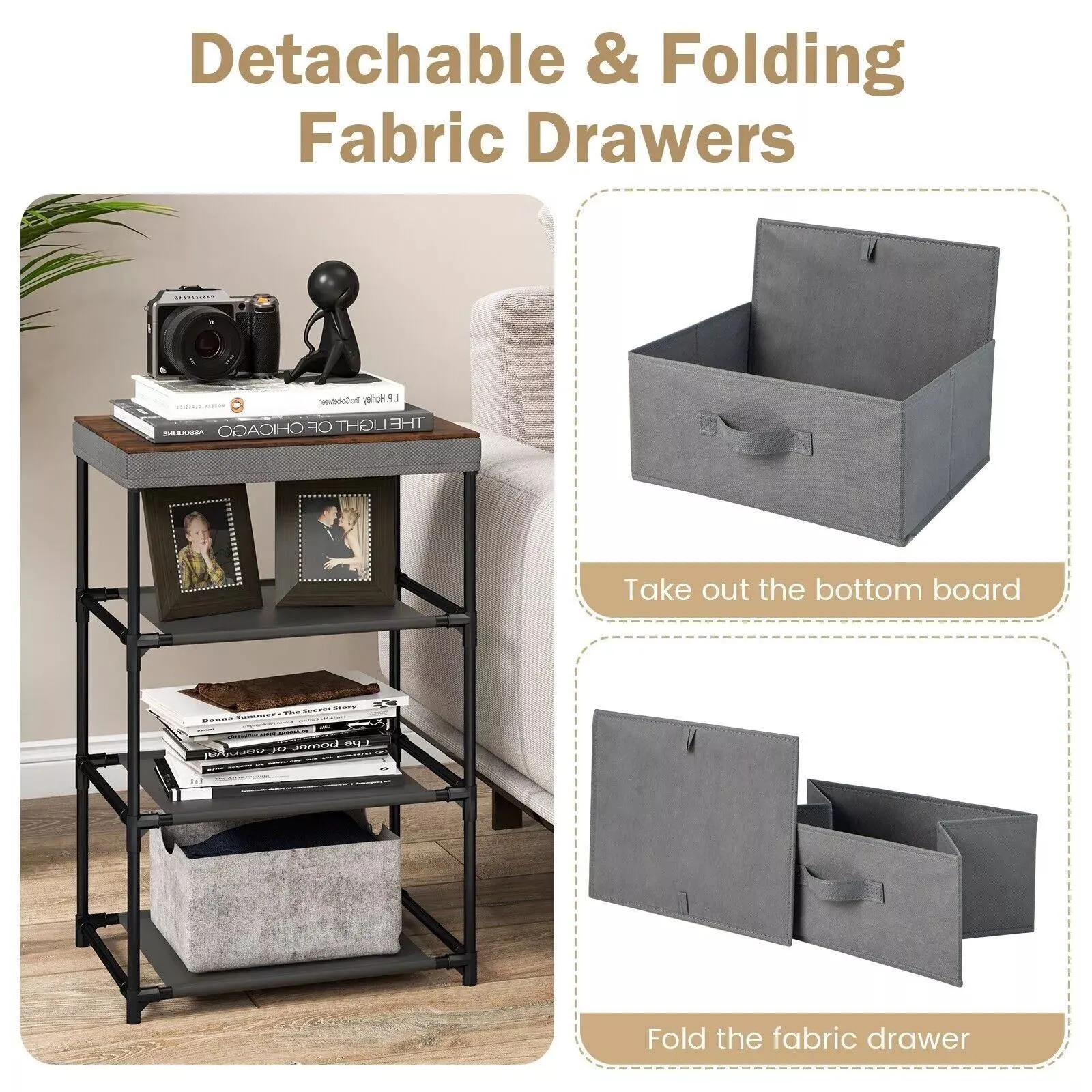 Costway 3 Chests of Drawers 3-Tier Nightstand Organizer Fabric Dresser with Metal Frame in Grey 5