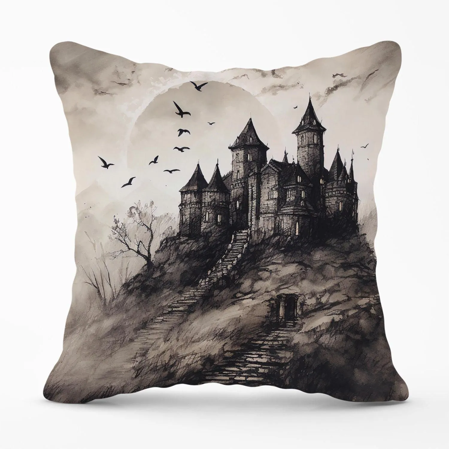 Warren Reed - Designer A Realistic Ink Drawing Of A Haunted Castle Outdoor Cushion in Grey