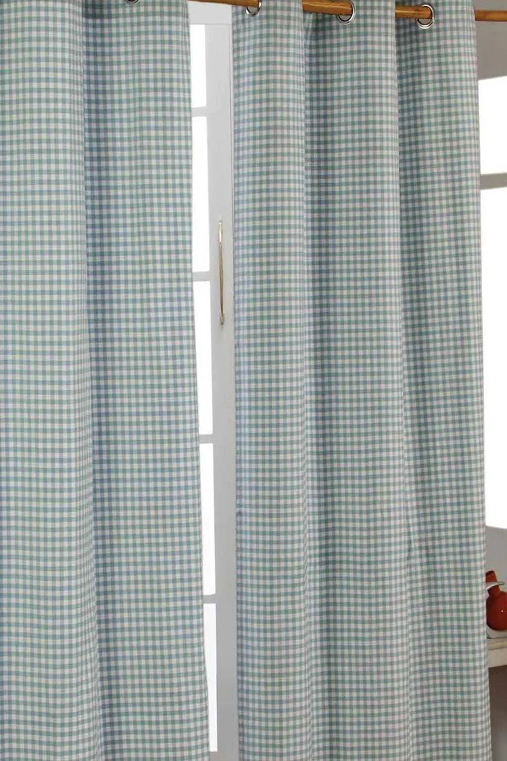 Homescapes Cotton Gingham Eyelet Curtain Pair in Blue 1
