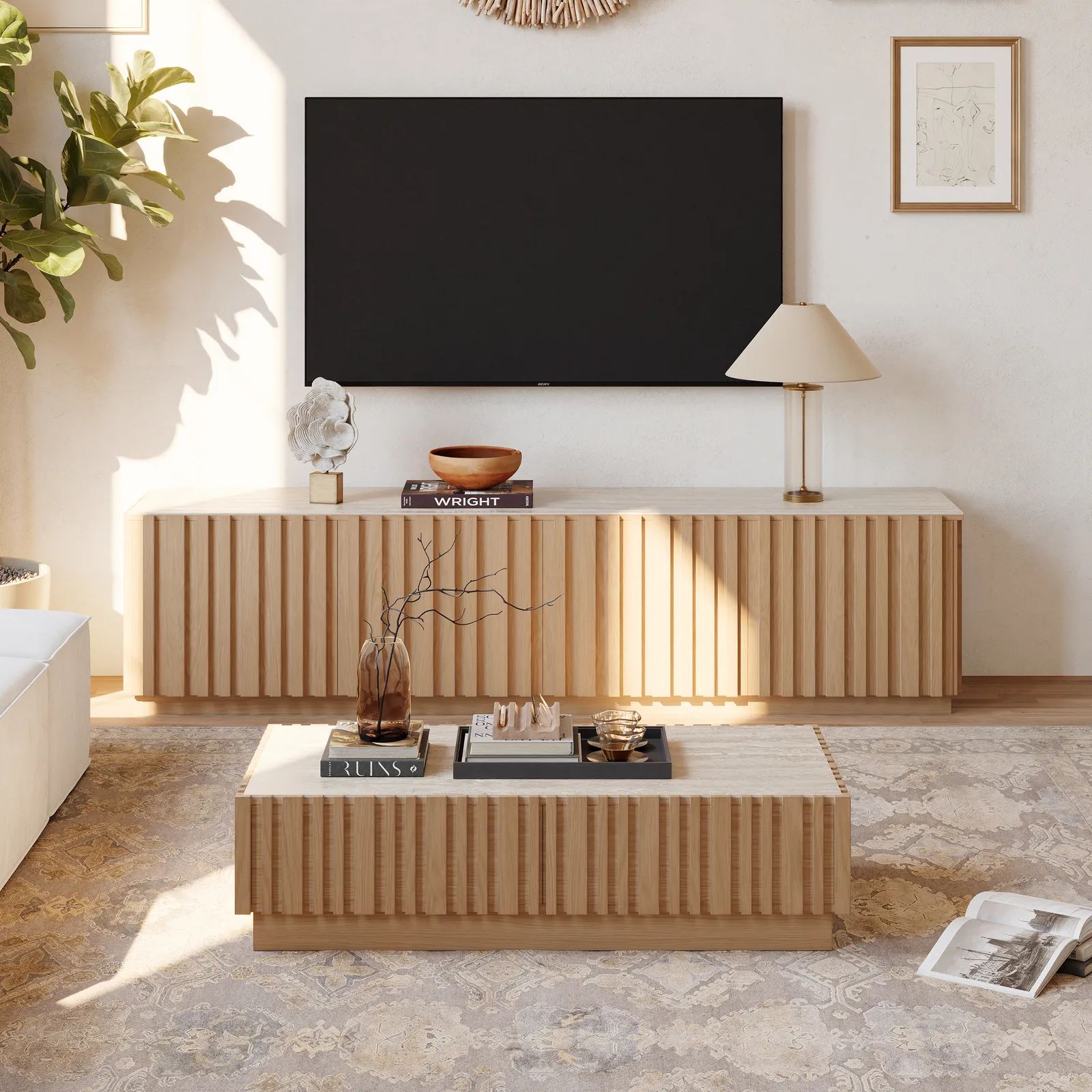 Aura TV Stand Set of Ash Wood Slatted TV Stand & Coffee Table with Sintered Stone Top