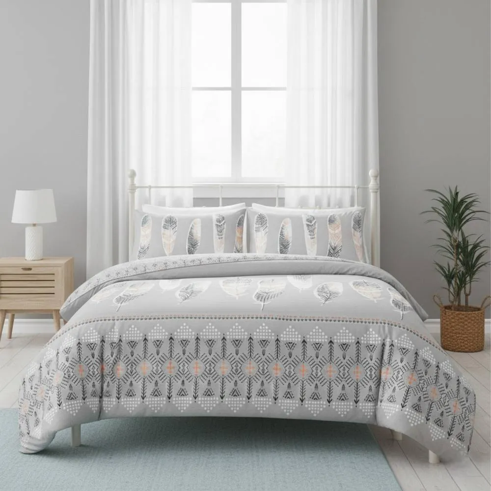 Snug City Modern Feather Design Duvet Set Elegant Cozy Bedding for Bedrooms in Grey
