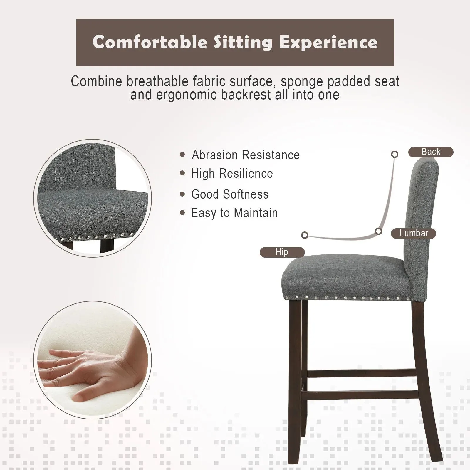 Costway Set of 2 Bar Stools Upholstered Bar Chairs Pub Stool Chair Kitchen Dining Chair in Grey 5