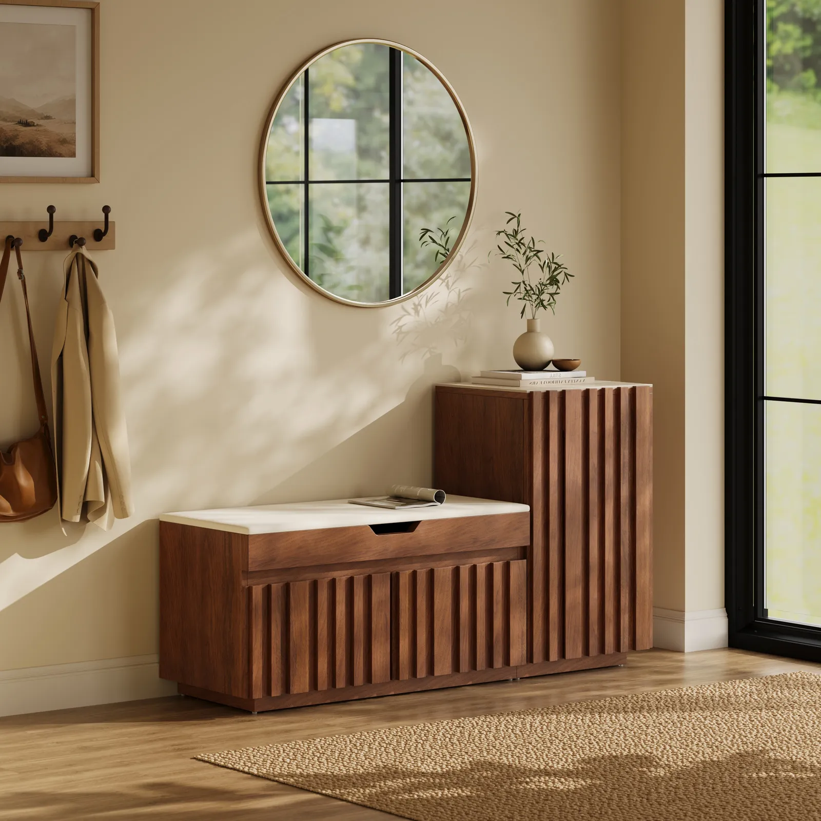 Aura 47” Walnut Wooden Shoe Storage Bench with Right-Side Cabinet for Entryway
