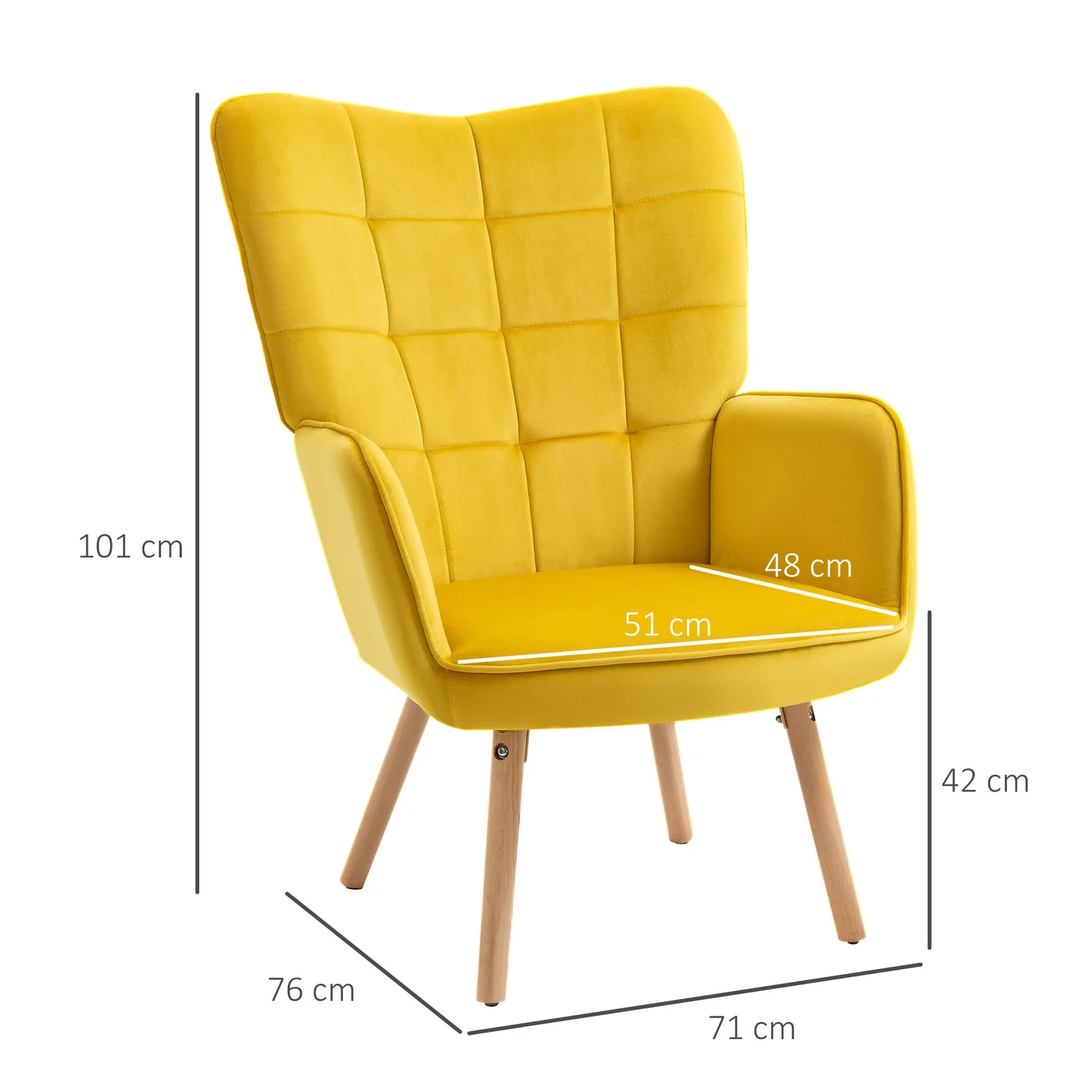 HOMCOM Modern Accent Chair Velvet-Touch Tufted Wingback Armchair Wood Legs in Yellow 3