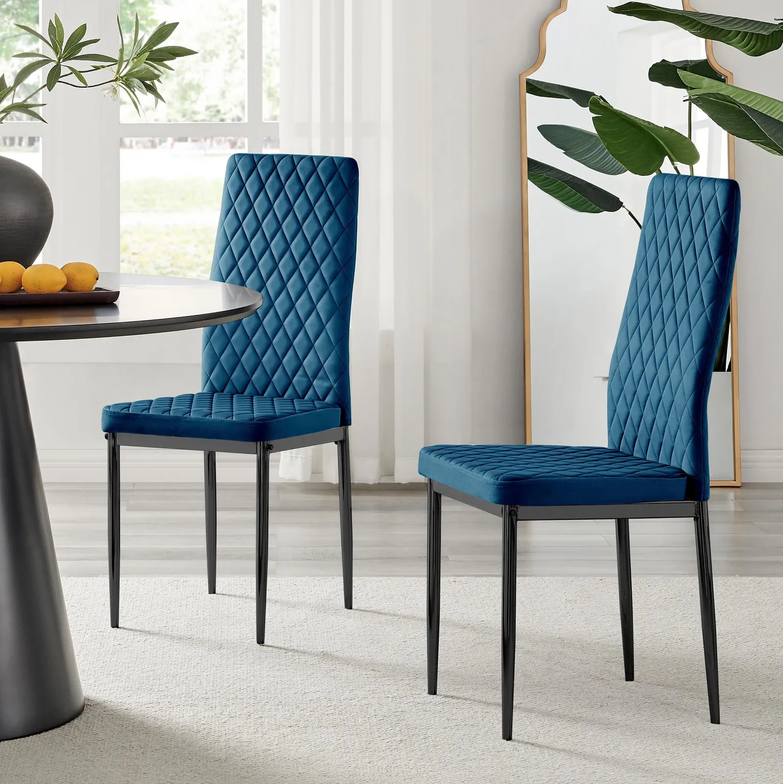 FurnitureboxUK Set of 4 Milan High Back Soft Touch Diamond Pattern Velvet Dining Chairs With Black Powder Coated Metal Legs in Navy