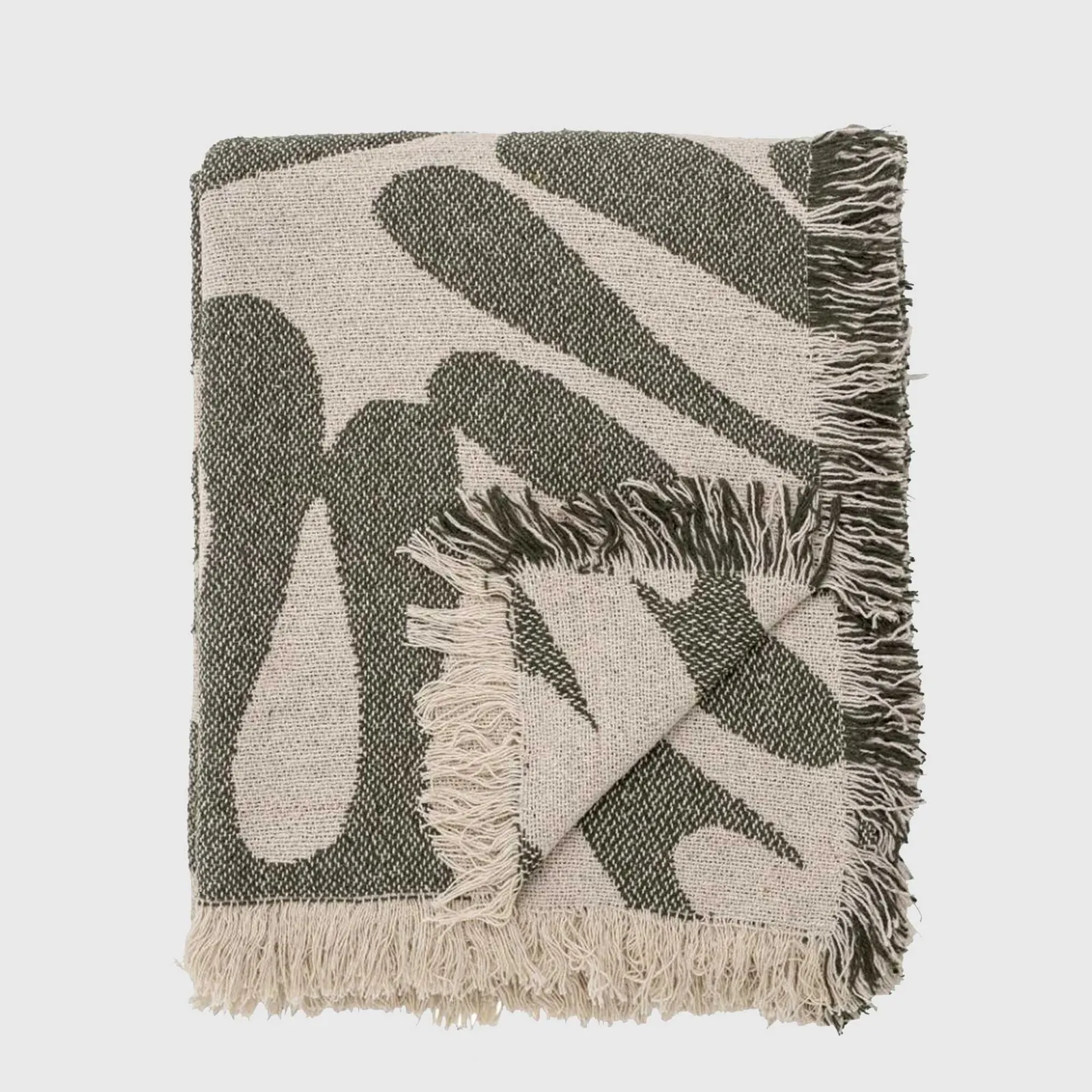 Recycled Nature Fringed Throw Blanket, Green Cotton Blend | Barker & Stonehouse