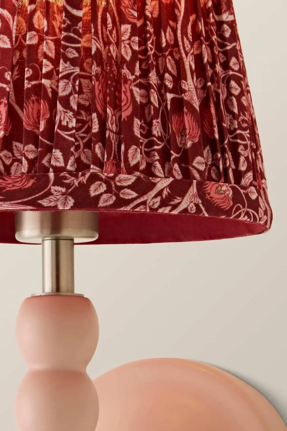 ValueLights Bobbins Pair Burgundy Floral Pleated Shade Wooden Bobble Wall Light in Baby Pink 4