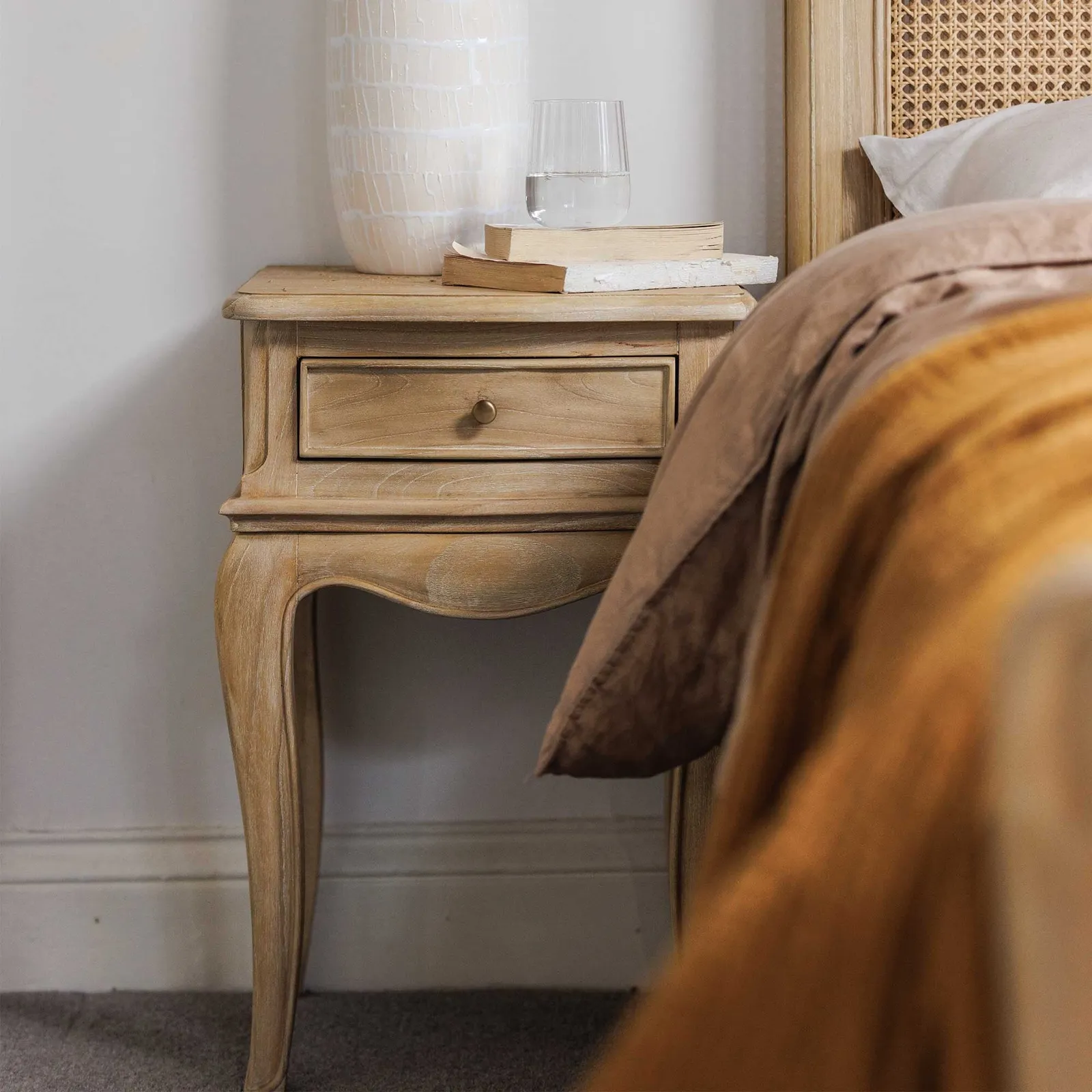 Cecile 1 Drawer Curved Leg Bedside Table, Neutral Wood | Barker & Stonehouse 2
