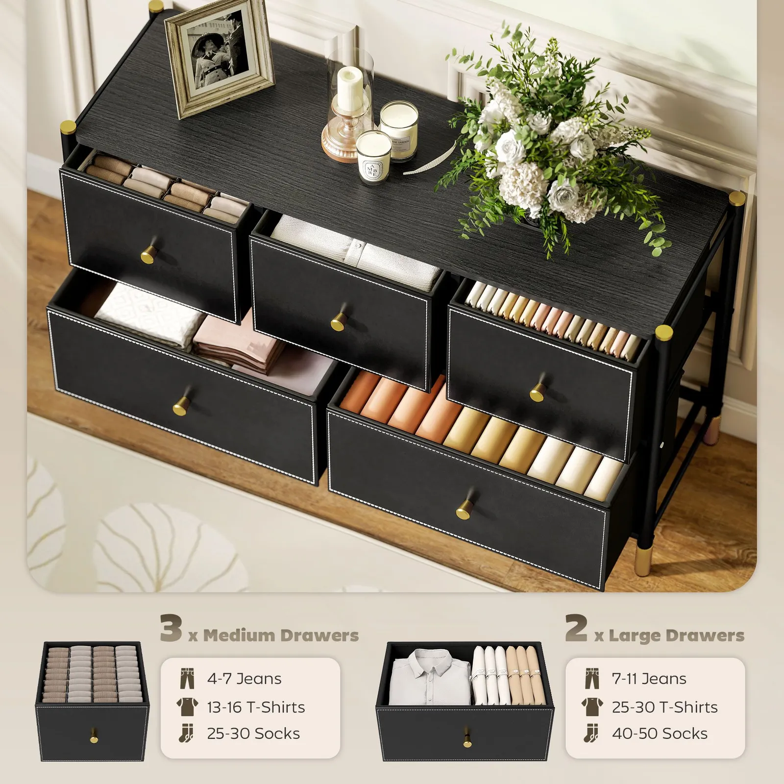 HOMCOM Fabric Chest of Drawers with PU Leather Surface, for Bedroom in Black 4