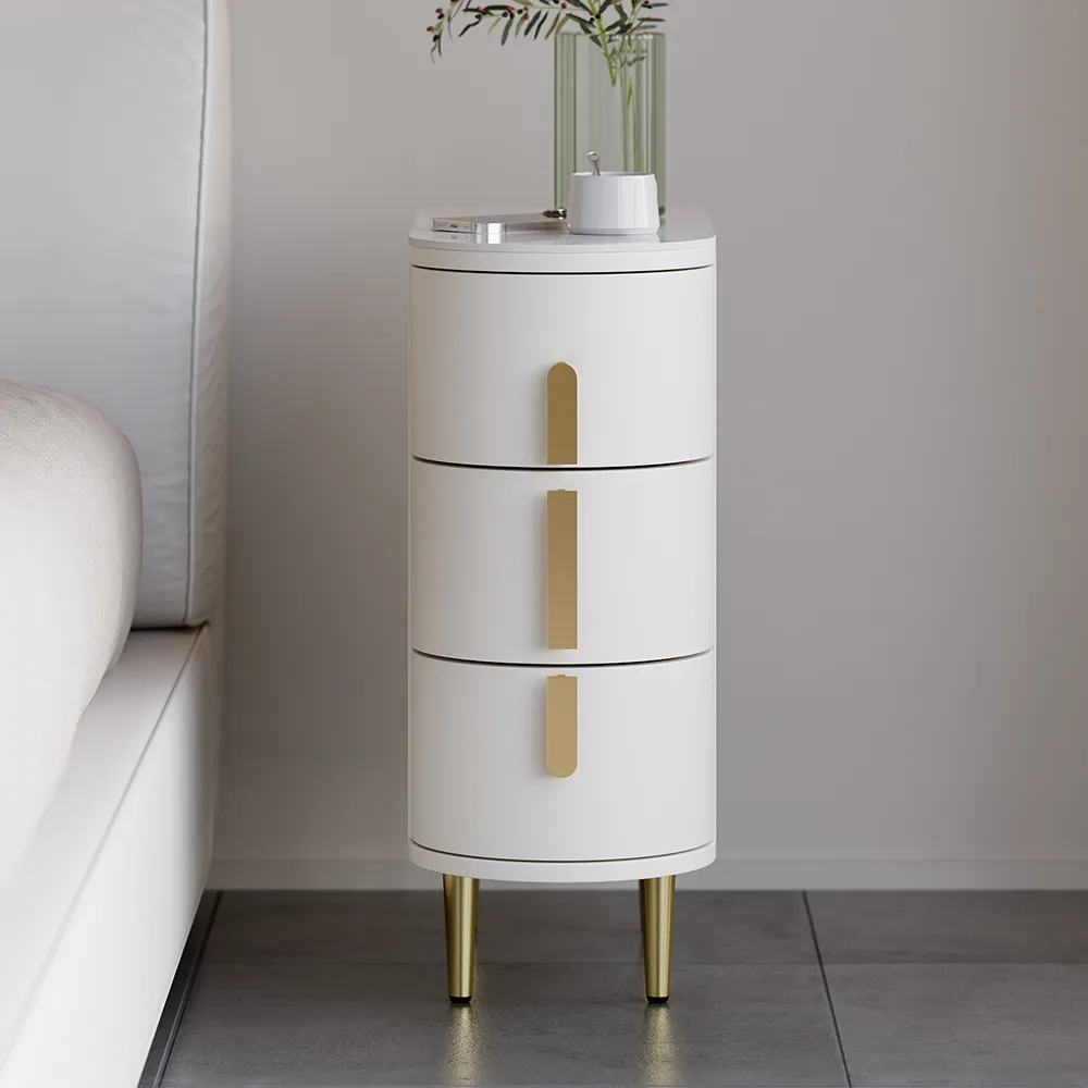 Modern Off-White Narrow 3 Drawer Nightstand Sintered Stone Top Bedside Table Set of 2