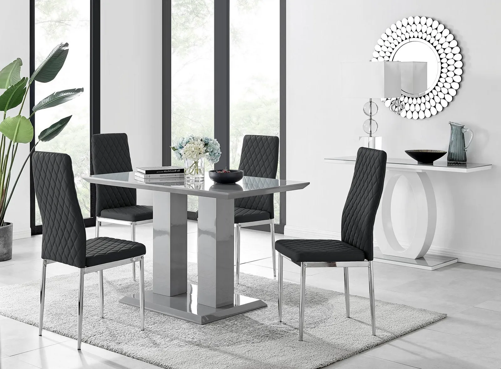 FurnitureboxUK Imperia Grey High Gloss 4 Seater Dining Table with Structural 2 Plinth Column Legs 4 Soft Faux Leather Silver Leg Milan Chairs in Black