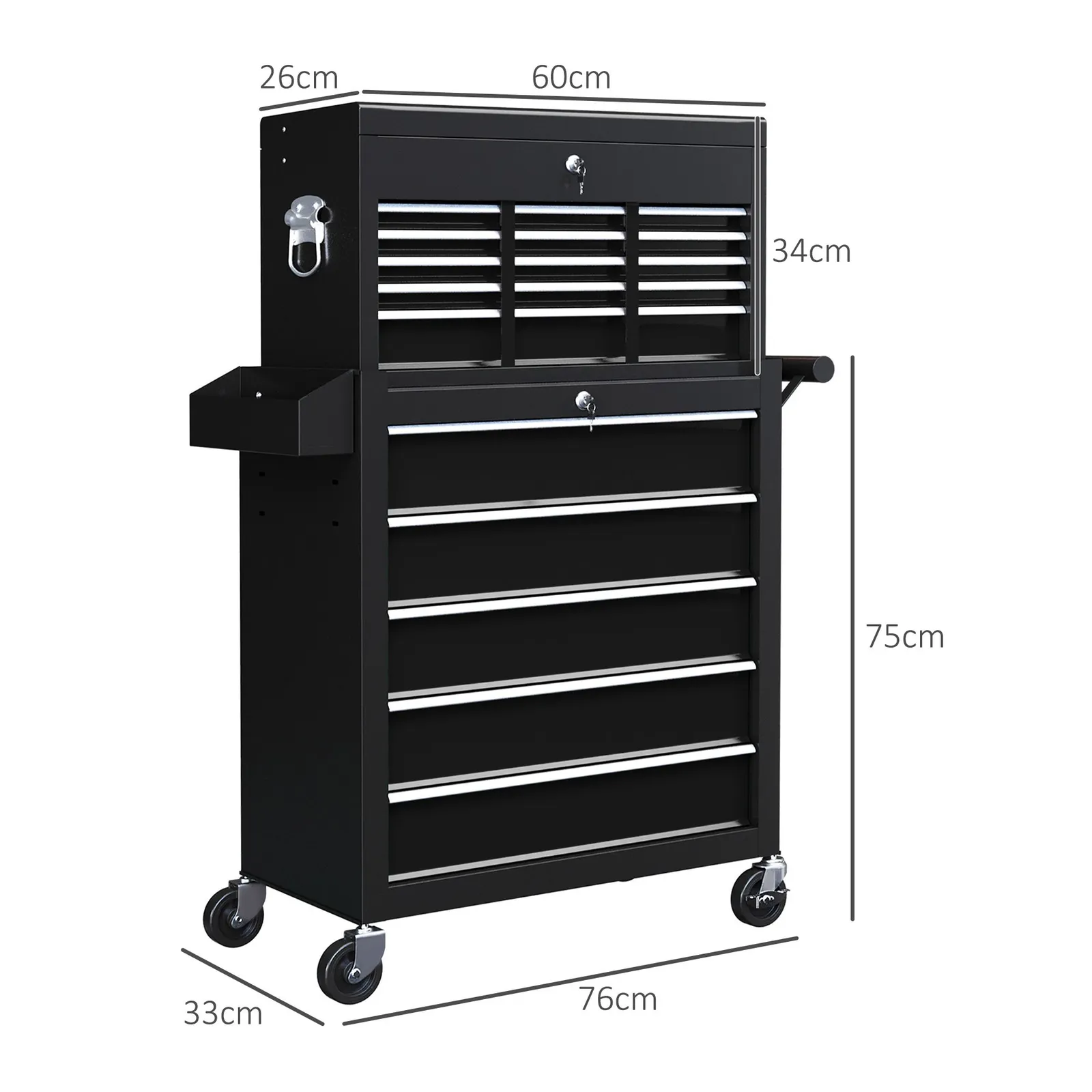 HOMCOM Rolling Tool Cabinet on Wheels with 14 Drawers, Pegboard & Side Rack, Lockable Top Tool Chest & Roller Cabinet Combo for Workshop & Hom 3