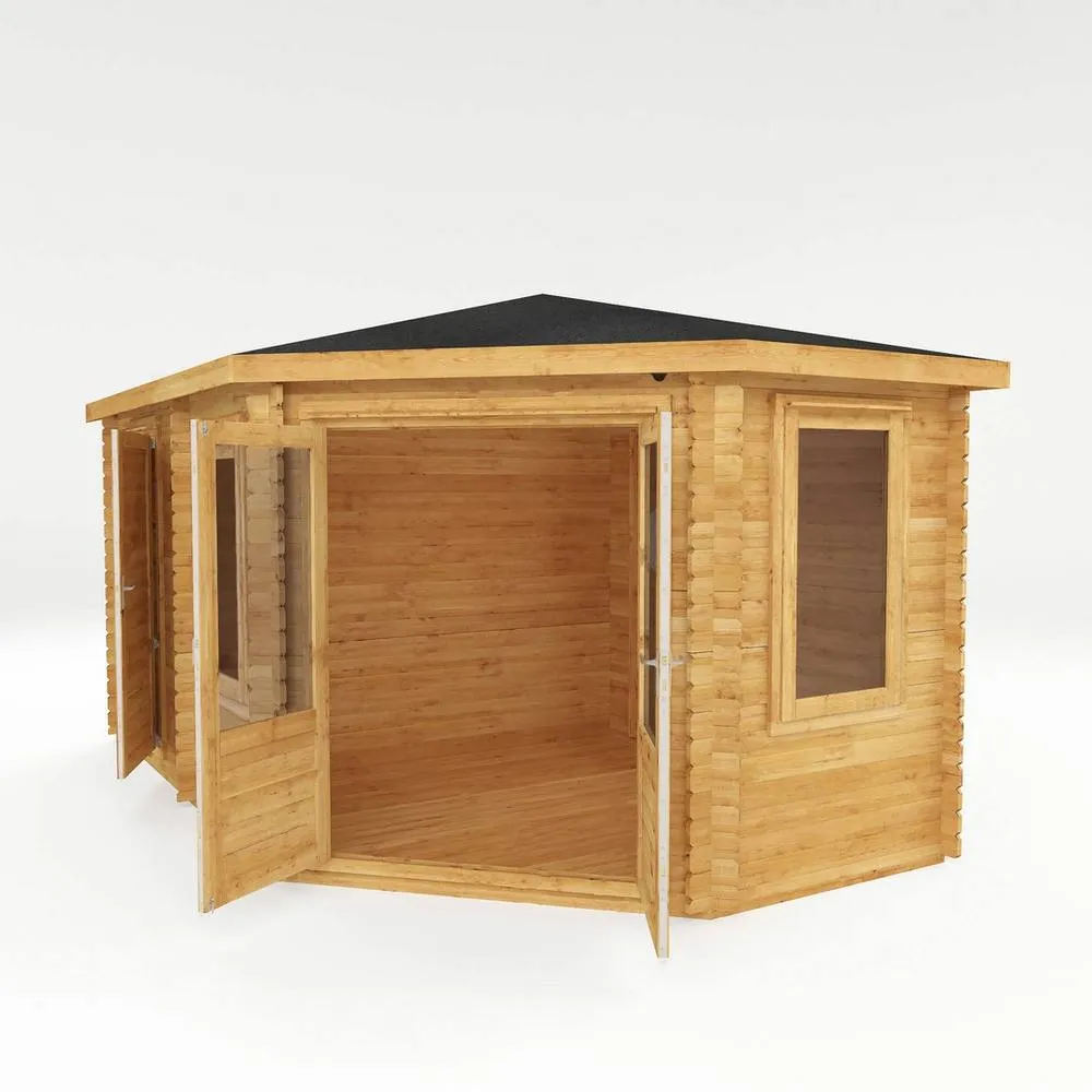 Mercia 5 x 3 m Corner Lodge Plus 28 mm Log Cabin with Side Shed in Brown 5
