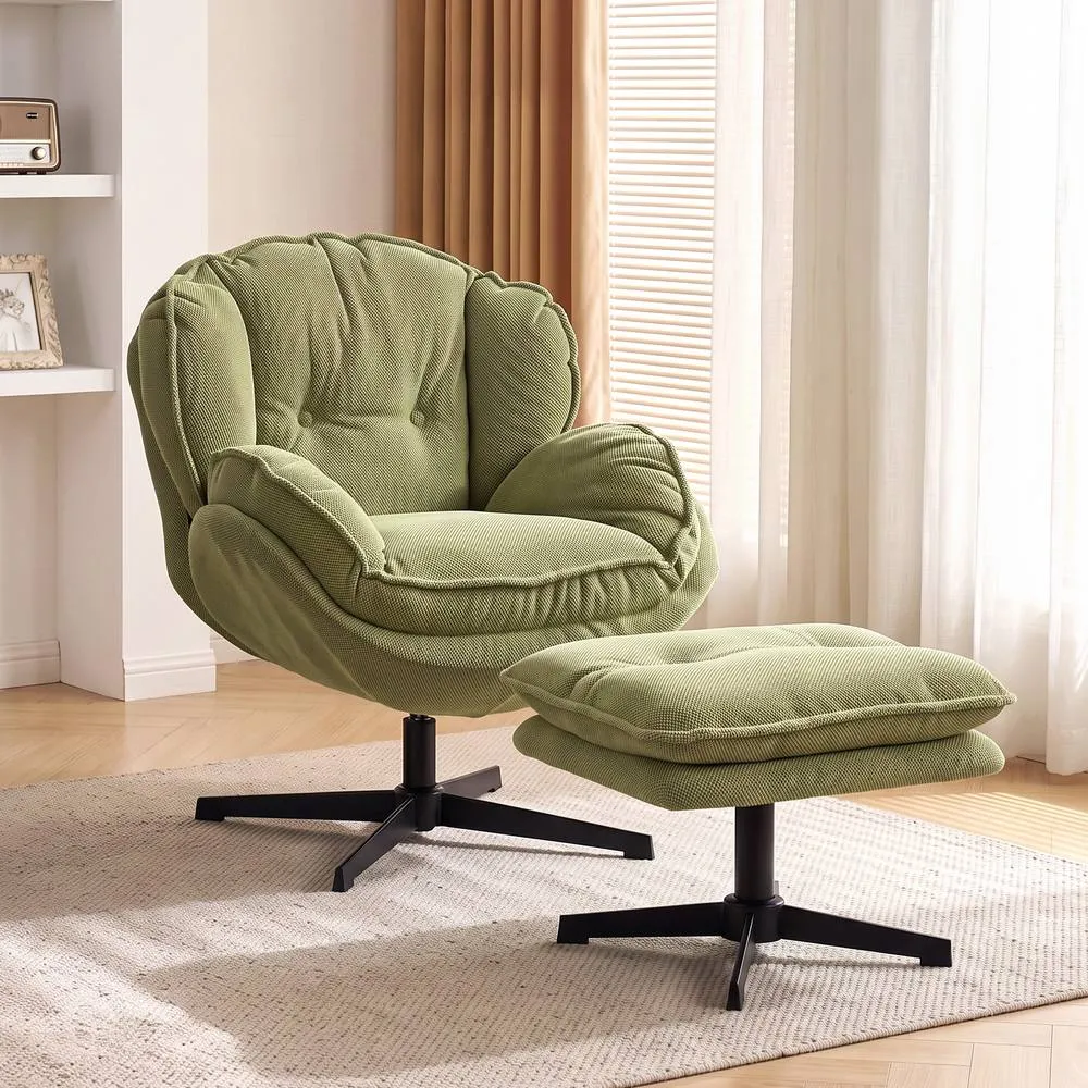 HOMCOM Armchair with Adjustable Footstool, 360° Swivel Accent Chair in Green 2