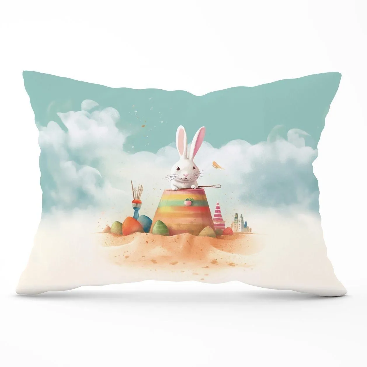 Warren Reed - Designer White Rabbit On A Beach Holiday Cushions in Yellow