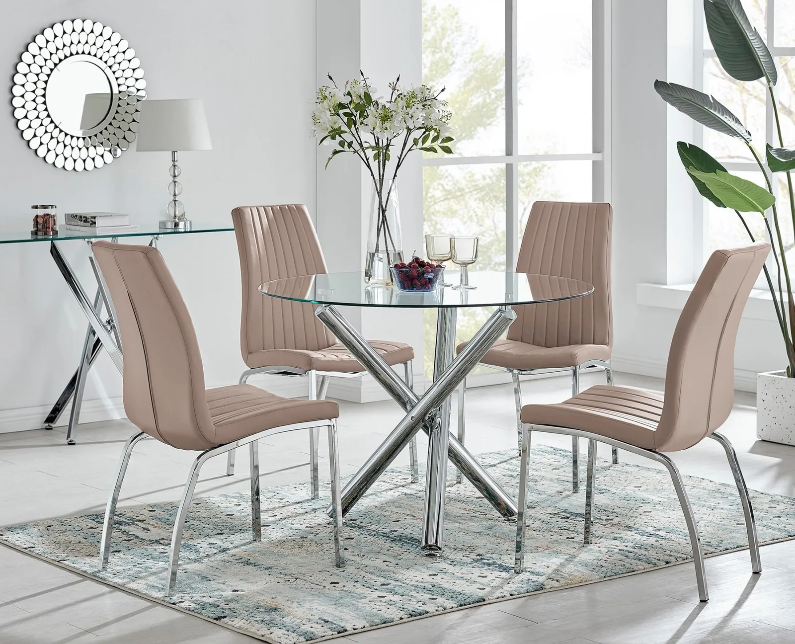 FurnitureboxUK Selina Round Glass Chrome Leg Dining Table & Isco Chairs in Beige 1