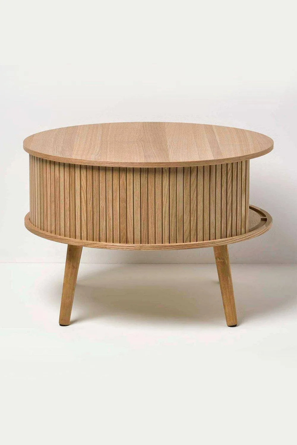 Homescapes Modern Coffee Table, Round Cabinet with Sliding Tambour Doors in Natural 3