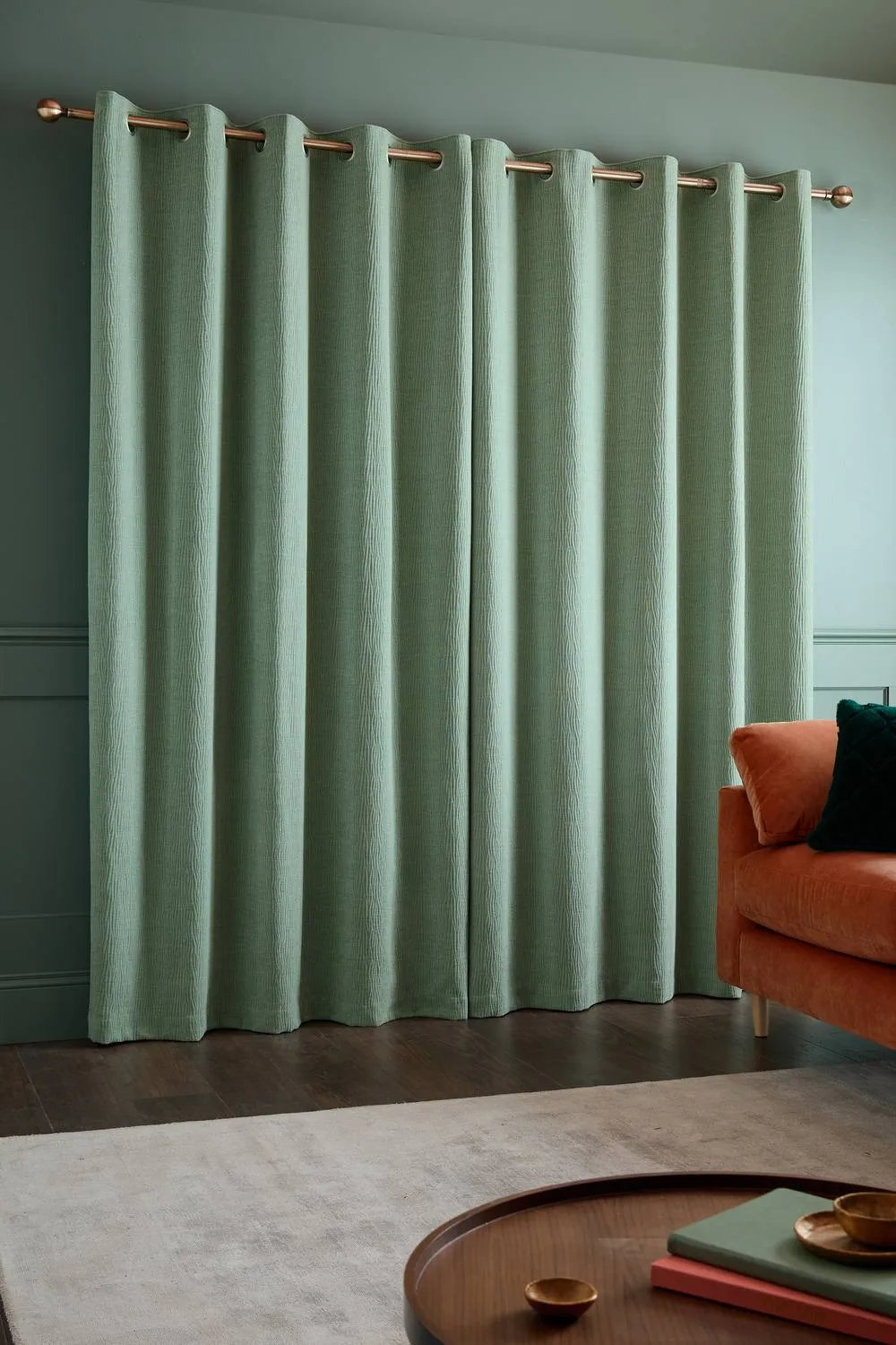 Catherine Lansfield 'Crinkle Chenille' Lined Eyelet Curtains in Green 2