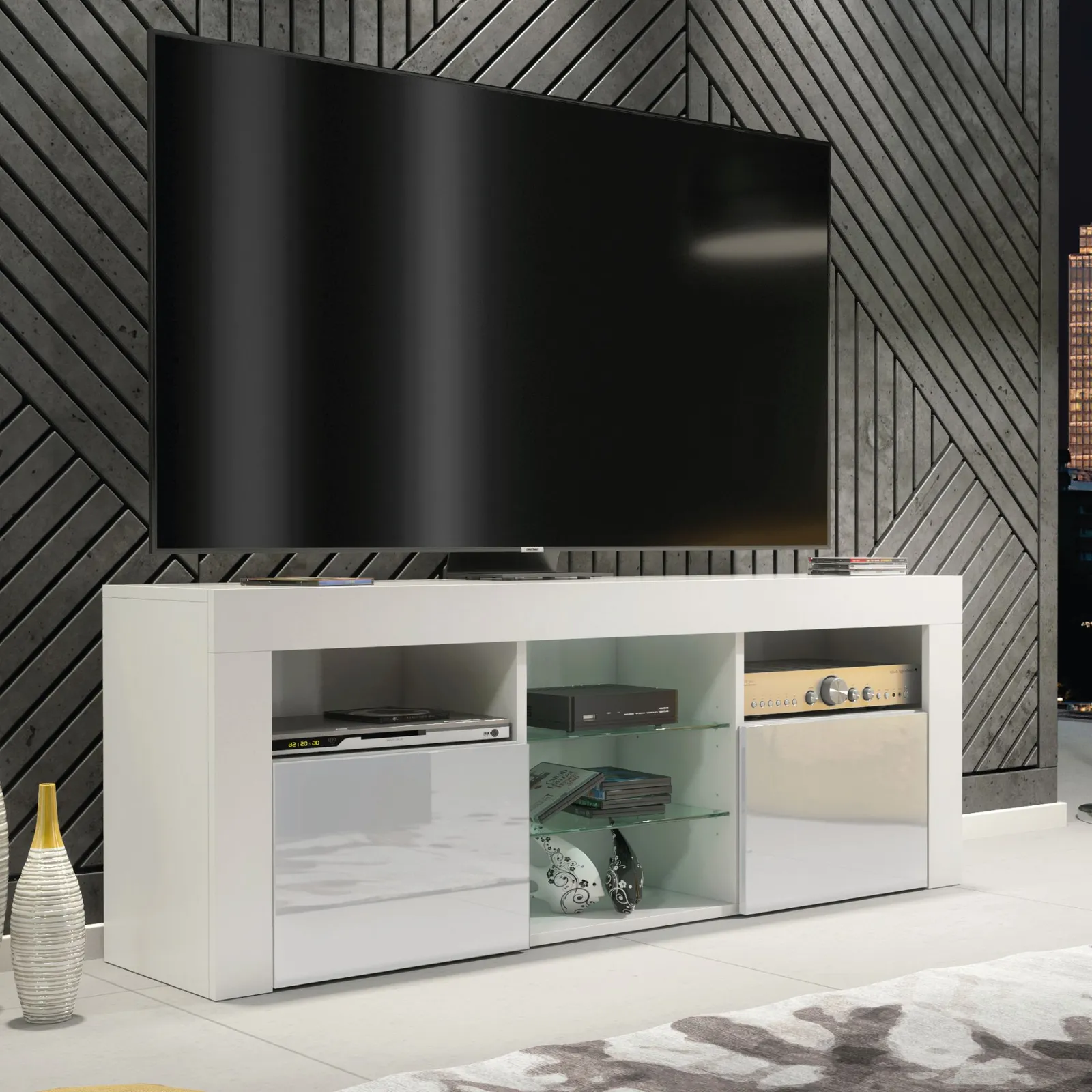 Creative Furniture TV Unit 145cm Modern - White with High Gloss Grey Doors 6