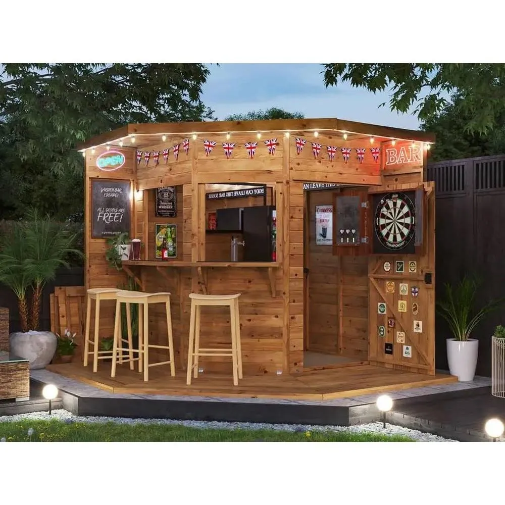 Dunster House Corner Garden Bar 2.4m x 2.4m Pressure Treated Hangover Fully Loaded in Brown 2
