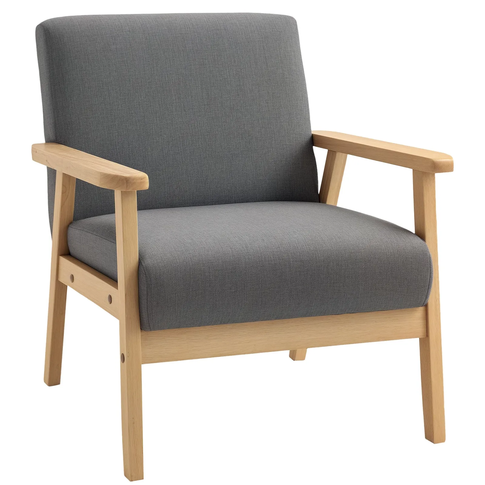 HOMCOM Accent Chair with Wood Frame Wide Seat Linen Armchair in Grey 2