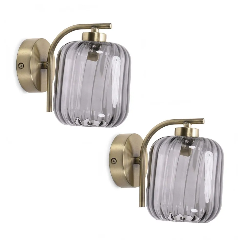 ValueLights Amelie Pair of Gold Stem Single Ribbed Glass Lamp Wall Light with LED Bulbs 2
