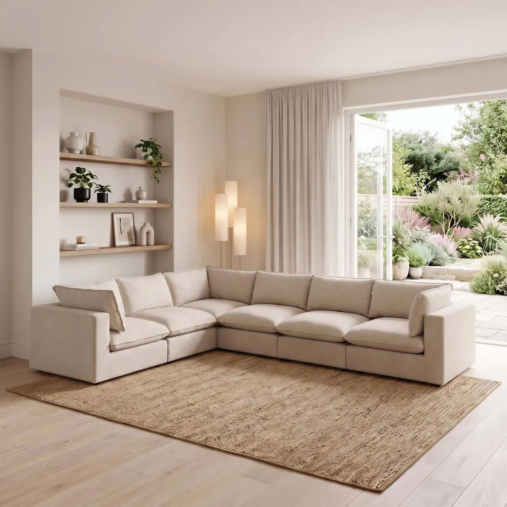 FurnitureboxUK Echo Linen-Look Fabric 5 Seater L-Shaped Modular Corner Sofa in Cream