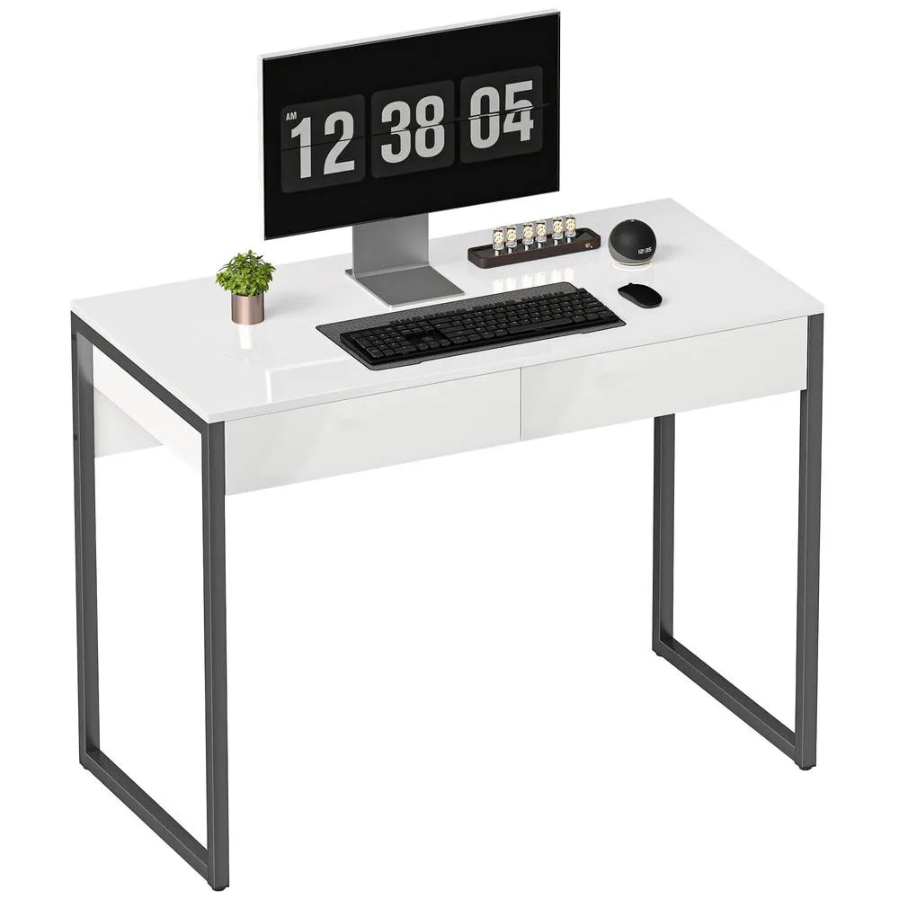 HOMCOM Modern Home Office Desk with High Gloss 2 Drawers Finish White Black 2