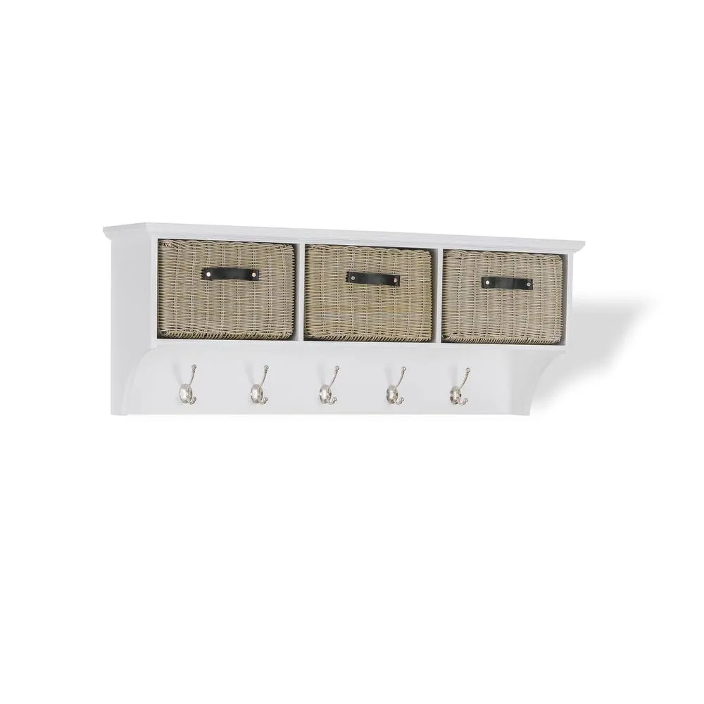 Statement Furniture Tetbury Large Coat Rack Hanging Shelf with 3 Brown Storage Baskets in White 3