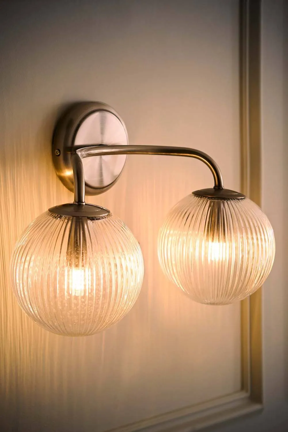 ValueLights Kempton Ribbed Glass Globe Shade 2 Arm Wall Light in Silver 2
