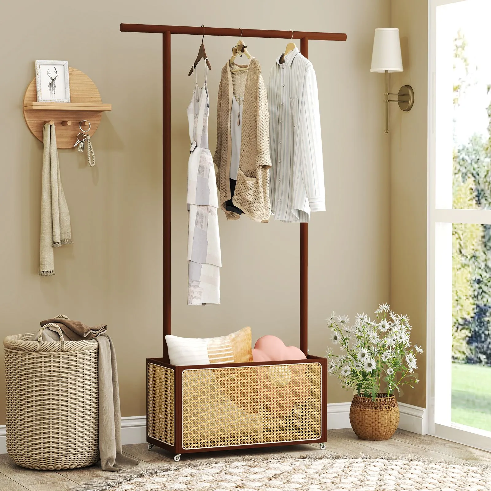 Costway Bamboo Clothes Rack Coat Hanger Stand with Rattan Storage Basket in Brown 5