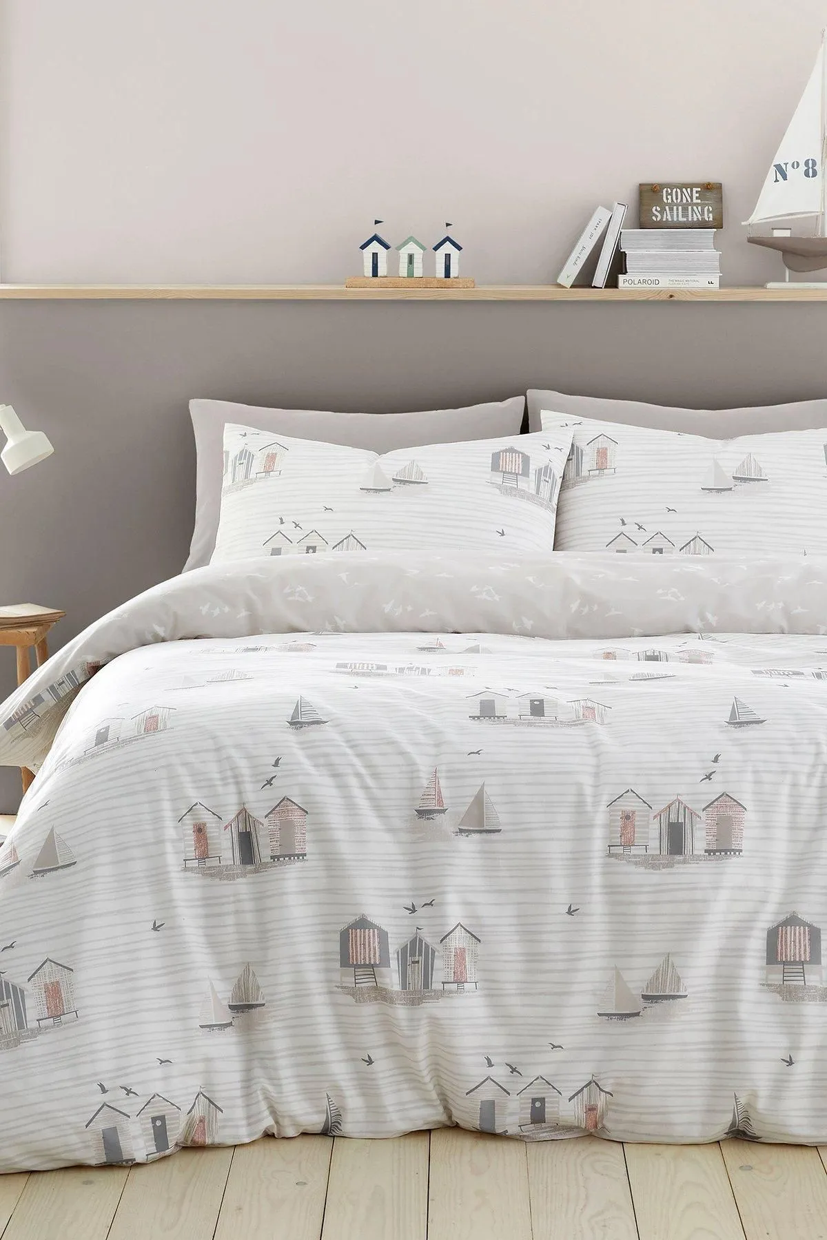 Fusion 'Beach Huts' Summer Seaside Print Duvet Cover Set in Natural 1