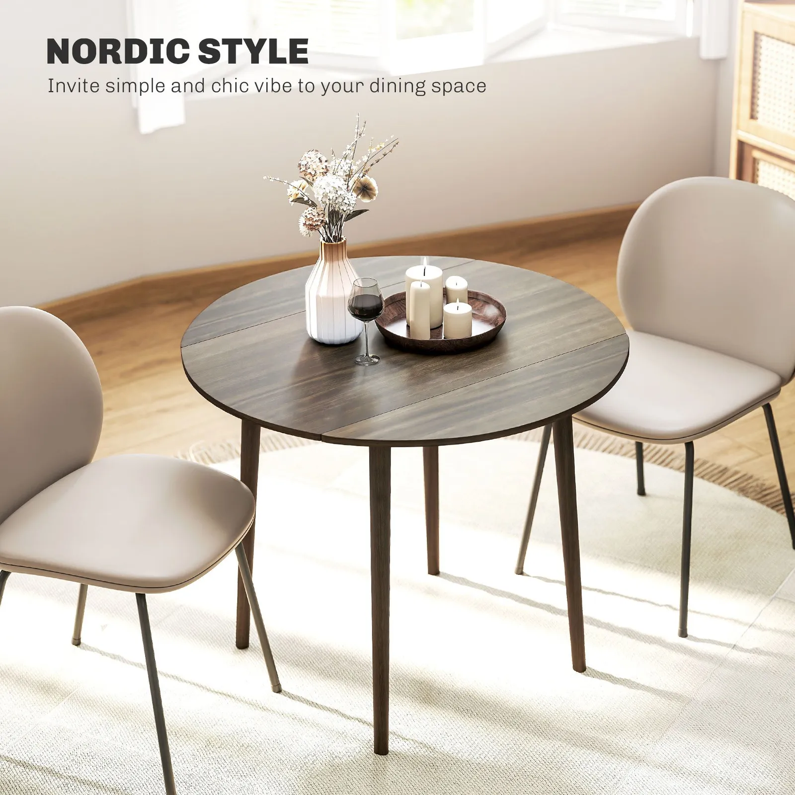 HOMCOM Folding Dining Table for 4, Round Drop Leaf Table, Modern Space Saving Small Kitchen Table with Wood Legs for Dining Room in Grey 6