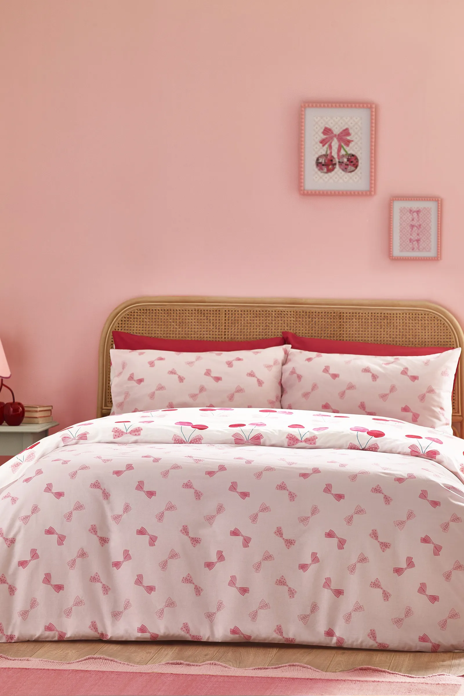 Catherine Lansfield 'Cherries & Bows' Reversible Duvet Cover Set in Pink 2