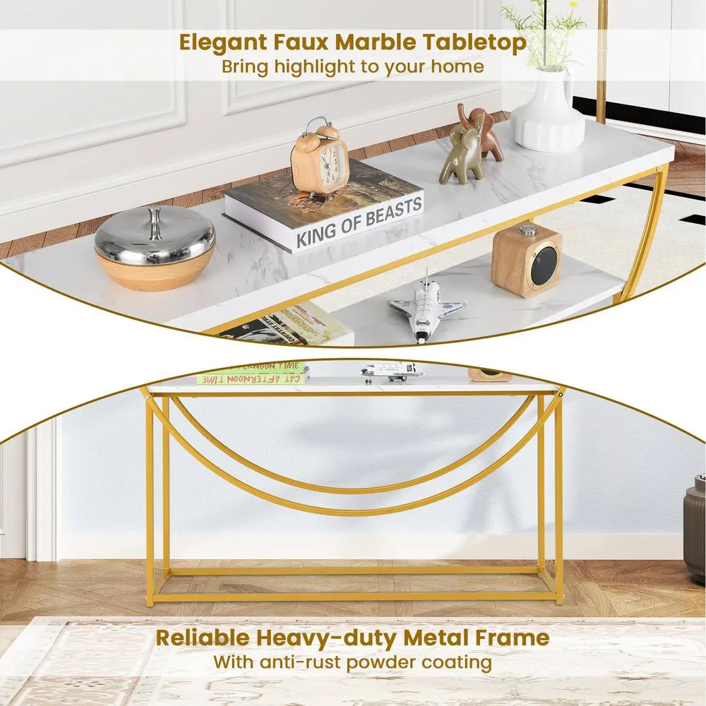Costway 2-Tier Faux Marble Top Console Table Home Entryway Table-White in White 3