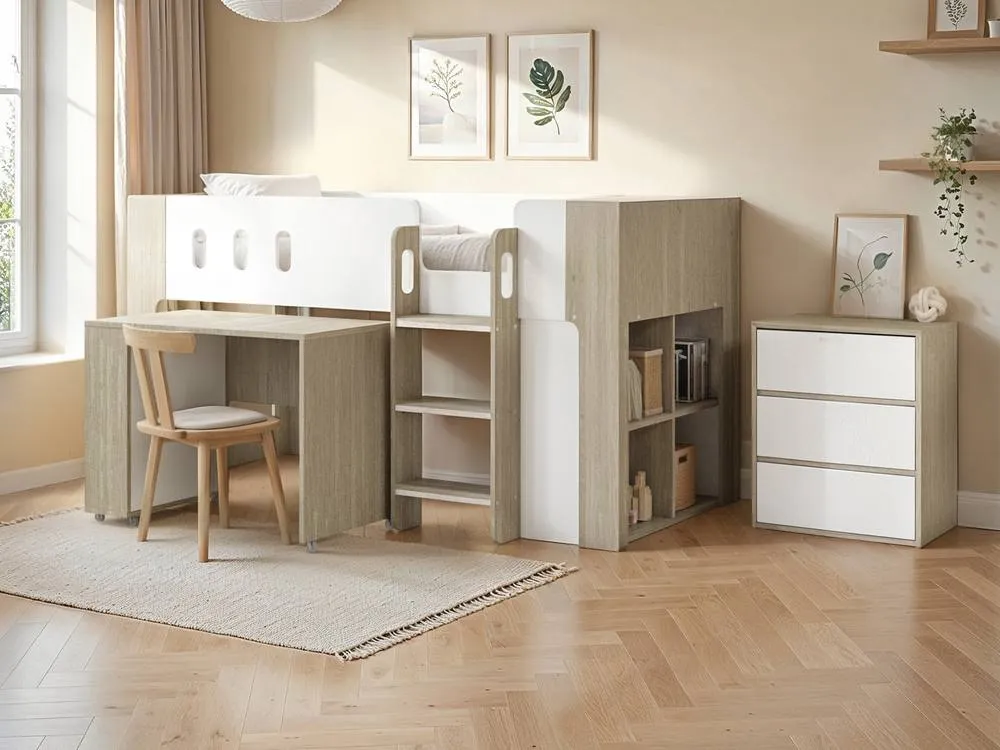 Flair Willow Mid Sleeper with Desk & Storage White & Oak 2