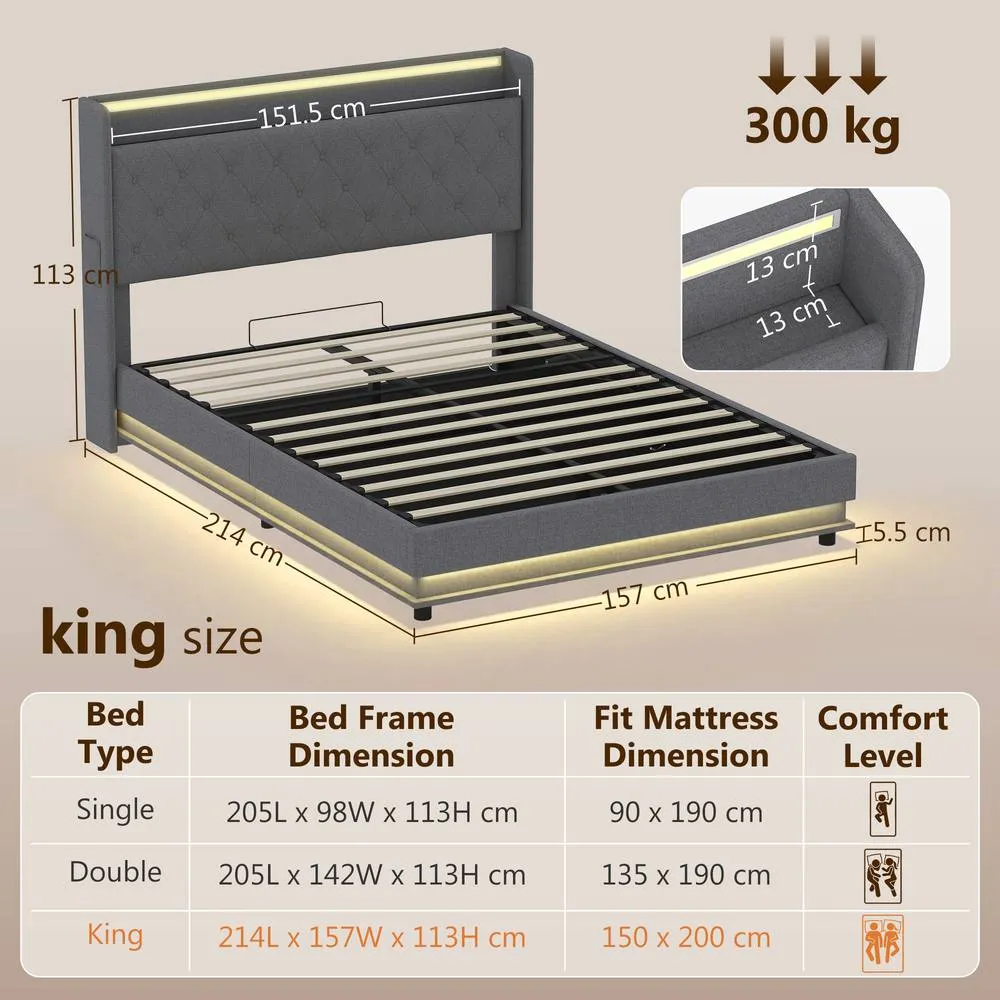 HOMCOM Lift up Storage Bed Frame with RGB LED Lights, 150 x 200cm, Dark Grey 3