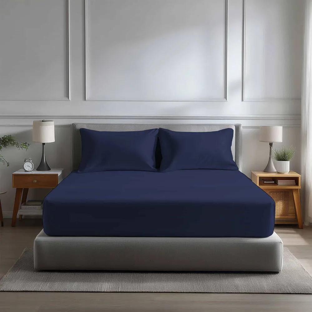 Snug City Microfibre Soft Touch Fitted Sheet 40cm Extra Deep Skirt Plain Dyed Bed Linen in Navy