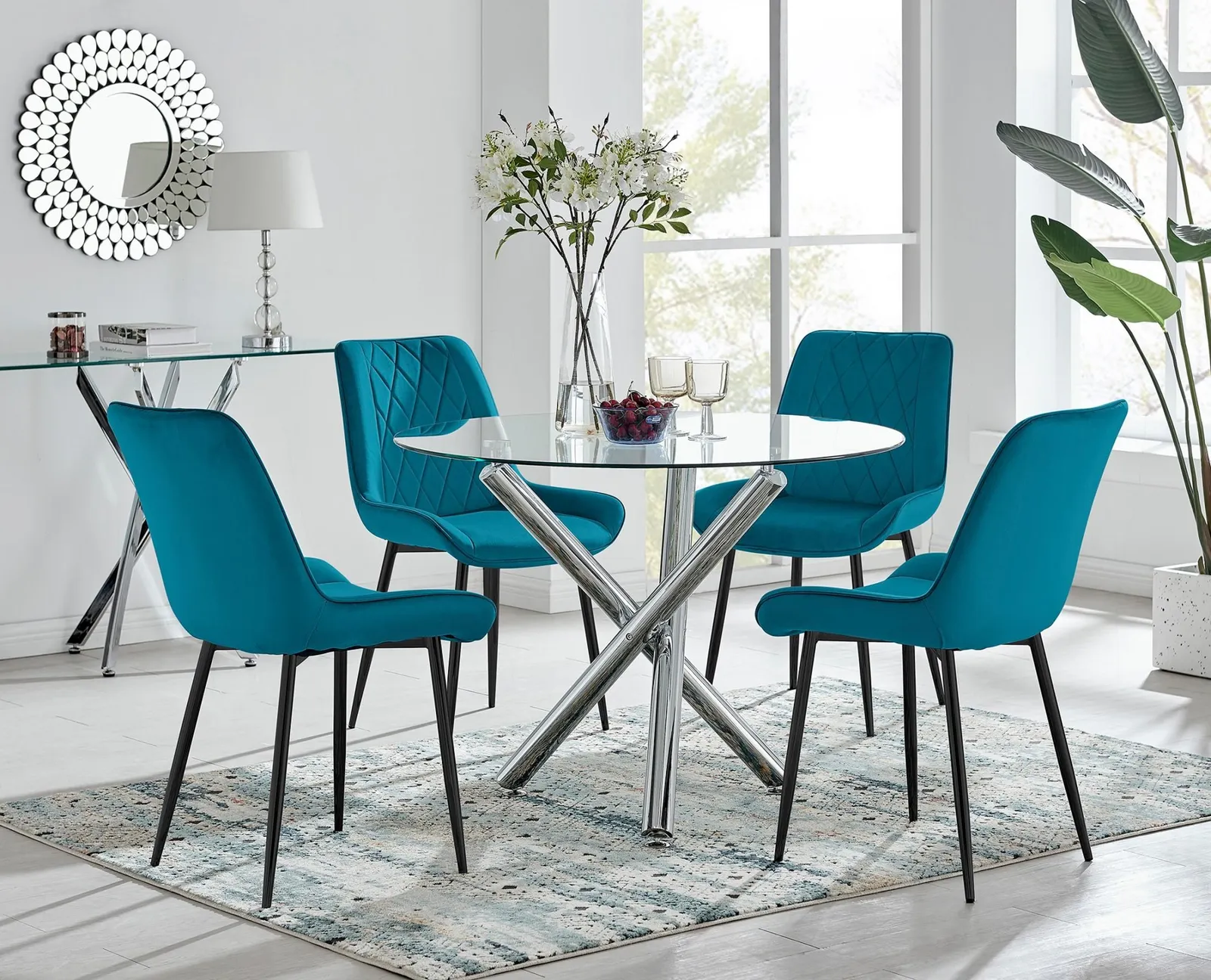 FurnitureboxUK Selina Round Glass Chrome Leg Dining Table & Pesaro Black Leg Chairs in Blue 1