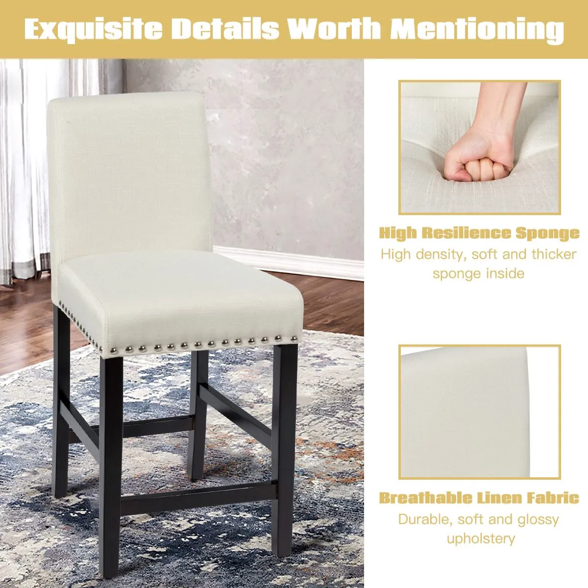 Costway Set of 2 Bar Stools Counter Height Chair Upholstered W/ Low Backrest & Wide Seat in Beige 4