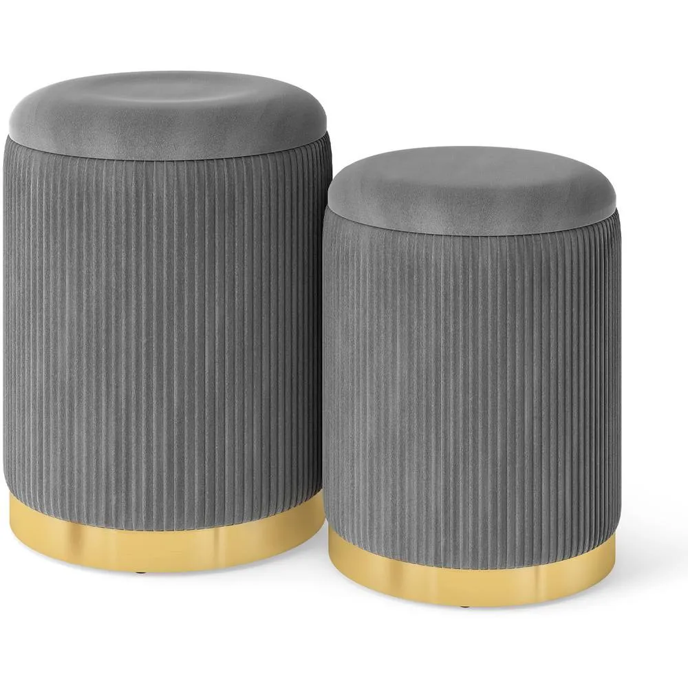 Costway 2 Pcs Velvet Round Footstools Nesting Storage Ottoman-Grey in Grey 4