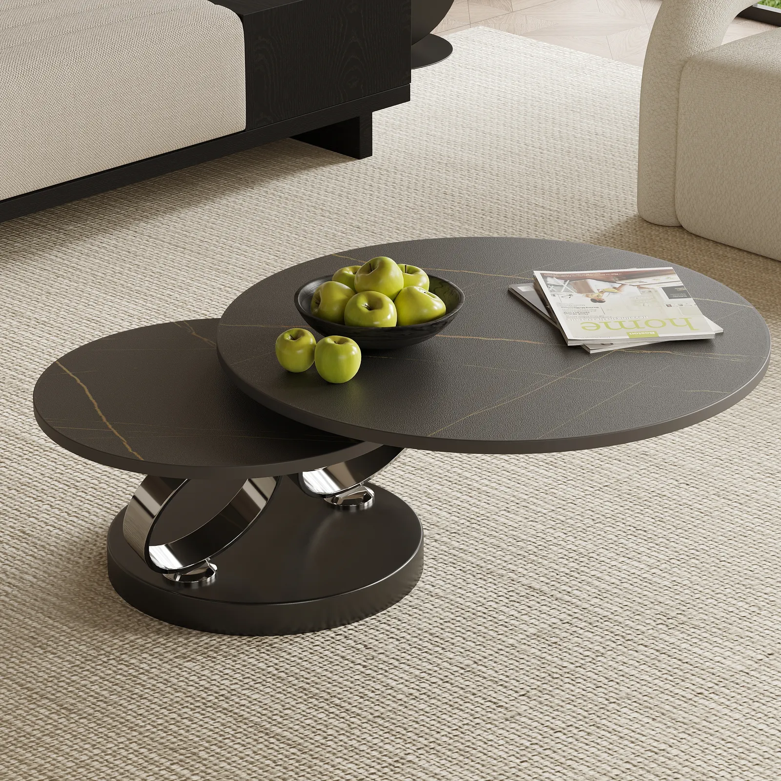 Black Extendable Coffee Table with Ring-shaped Metal Pedestal