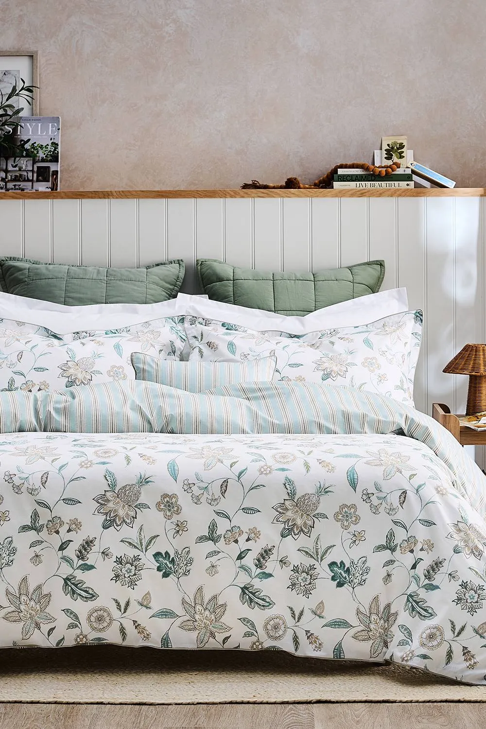 CHRISTY 'Kew' Floral Stripe Reversible Cotton Sateen Duvet Cover Set in Aqua 4